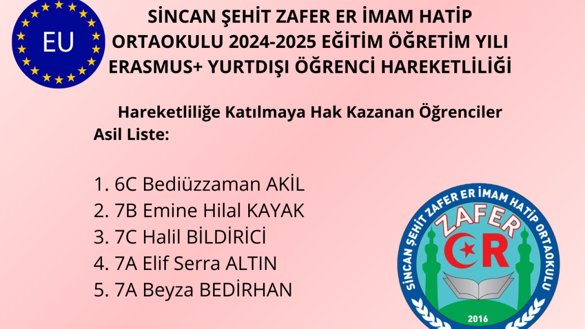 2024-2025 Eğitim Öğretim Yılı Erasmus+ Öğrenci Hareketliliği Katılacak Öğrenci Listesi